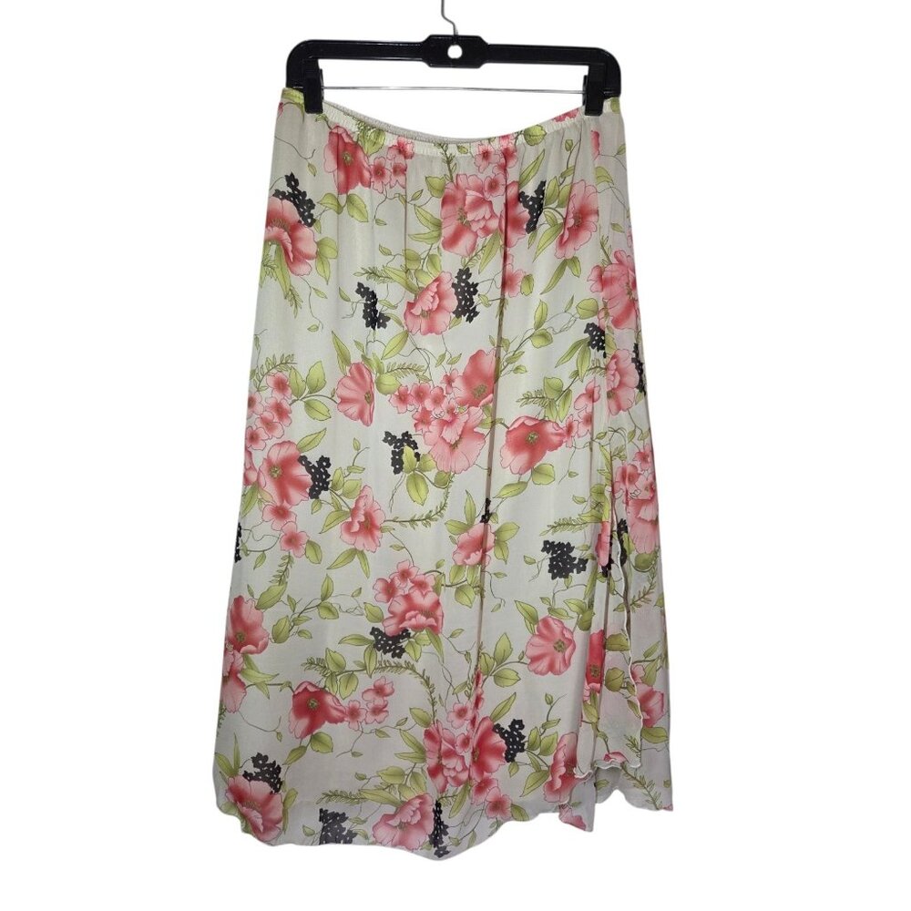Sag Harbor Floral Pink Green Pull On Midi Skirt W Side Slit L Vintage